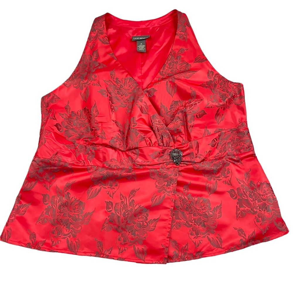 Lane Bryant Shirt Womens 18 Red Black Floral Sleeveless Blouse Formal V-Neck